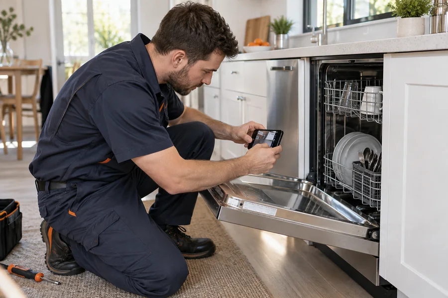 Illustrative appliance repair work scene