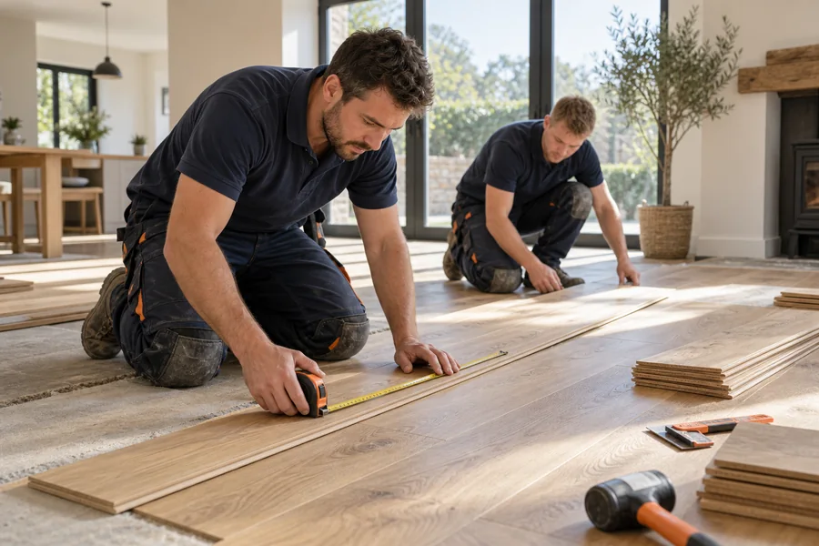 Illustrative flooring installation work scene
