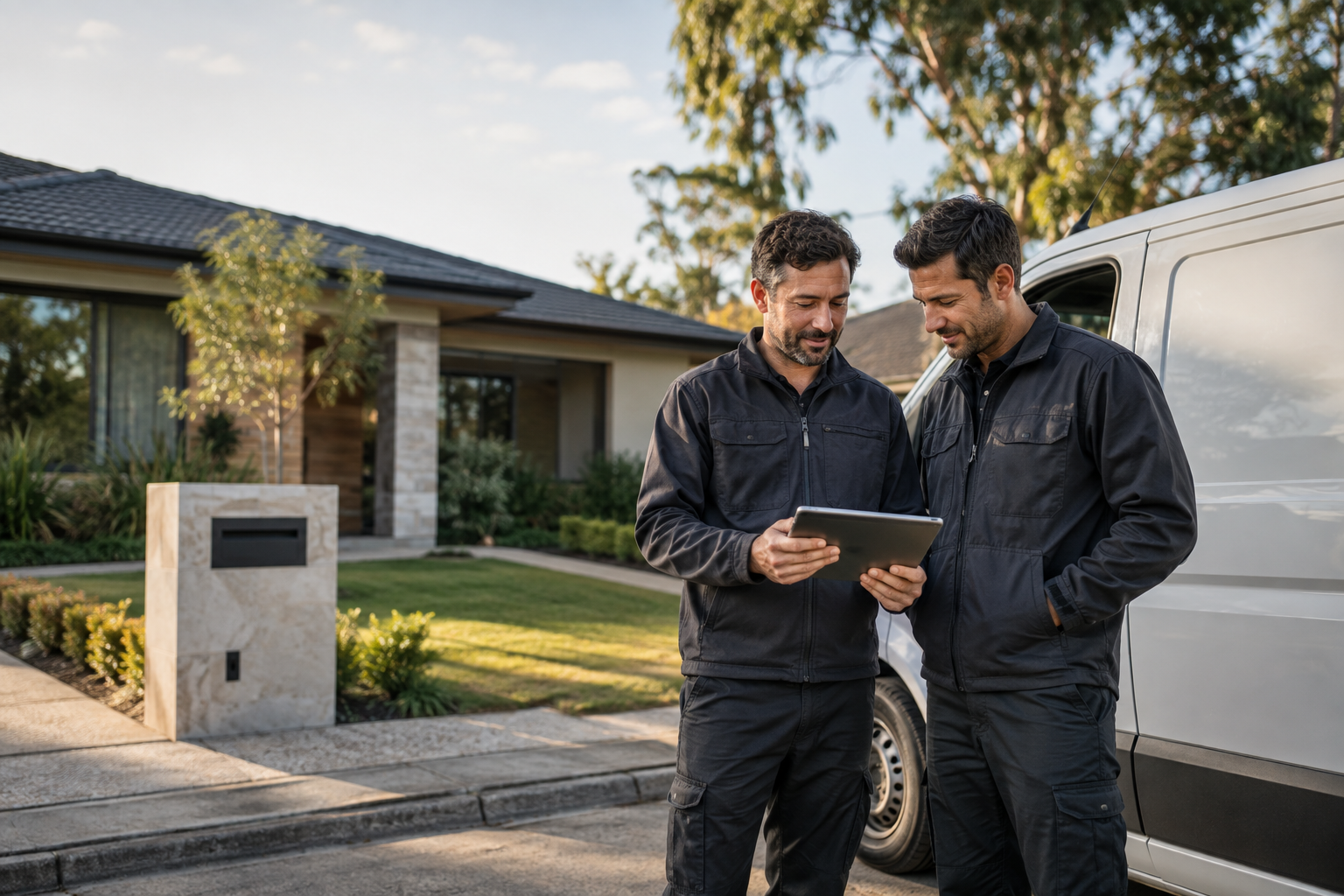 Two installation professionals reviewing a tablet beside a service van
